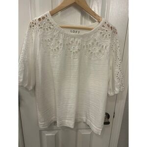 Loft Top White Eyelet Lace Scalloped Neck Slub Cotton Short Puff Sleeve Blouse L